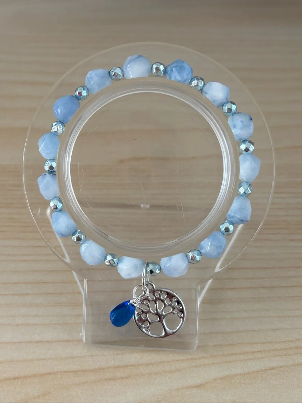 Blue Chalcedony & Blue Hematite Bracelet with Tree of Life